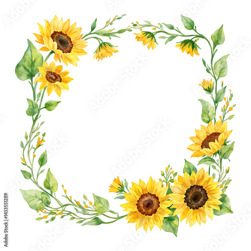 Sunflowers Floral Frame Watercolor Painting Isolated Hand Drawn Watercolor Illustration Art