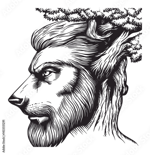 Detailed Engraving of a Hybrid Man and Tree Illustration