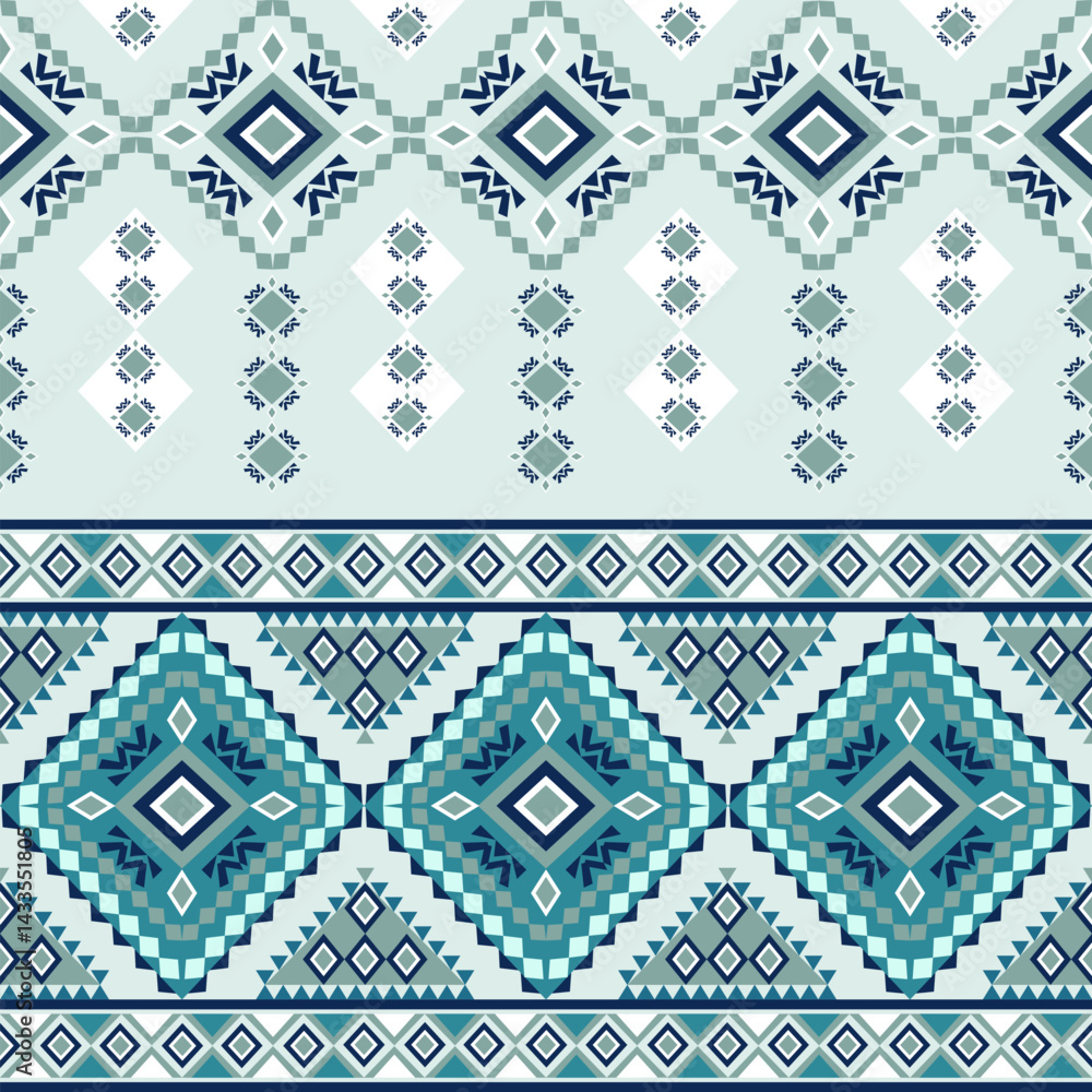 Fototapeta premium Green and turquoise geometric ethnic boho seamless pattern. Tribal pattern. African motif. Chevron vintage style, ideas for wallpaper, backdrops, tiles, blankets, and textiles.