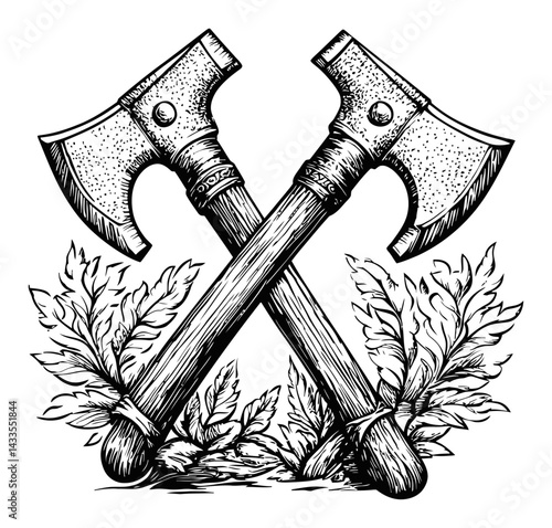 Vintage Engraving of Crossed Axes with Floral Elements