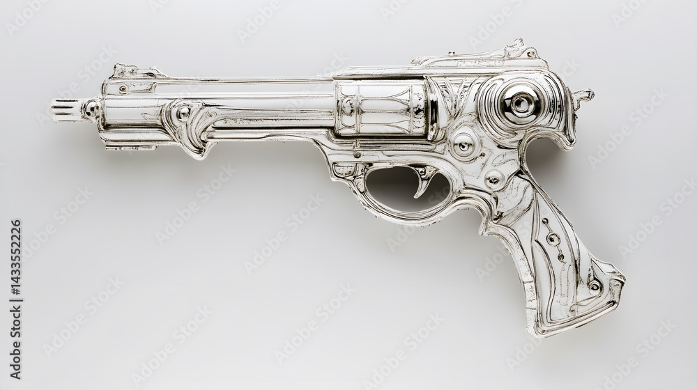 Silver Revolver with Ornate Design, and Studio Shot.