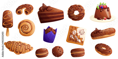 A set of delicious chocolate desserts on a white background. The concept of confectionery, baking, cooking. Isolated vector illustrations for menu design, posters, banners, covers