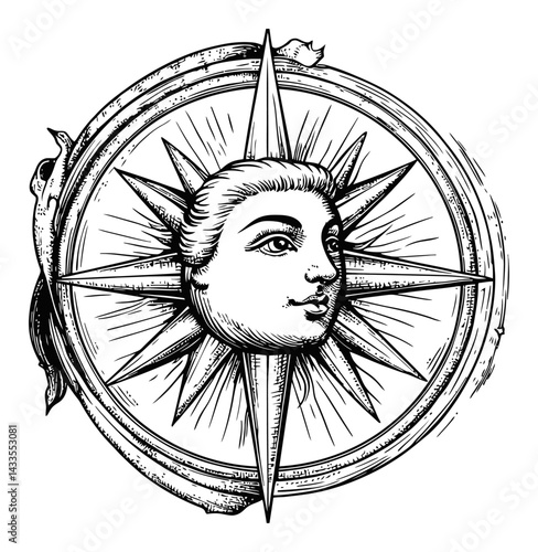Classic Engraving of a Sun Motif with Radiating Compass Design