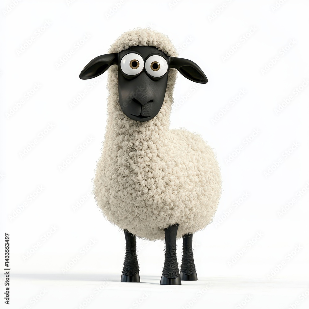 Fototapeta premium Playful Cartoon Sheep with Large Eyes and Fluffy White Wool
