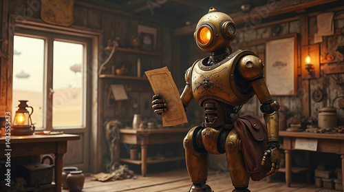 Steampunk Robot Explorer in a Deserted Workshop Generate AI