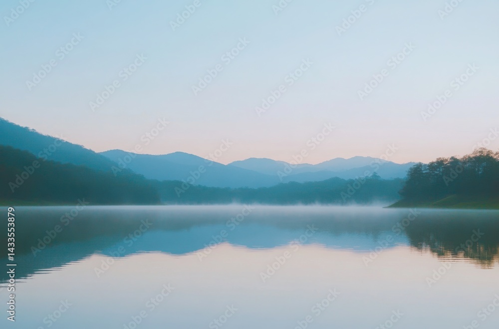 Fototapeta premium Mountains at dawn with cool-toned mist and tranquil lake reflections