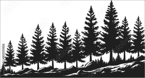 Silhouette Illustration Of A Dense Evergreen Forest Landscape On A Hillside
