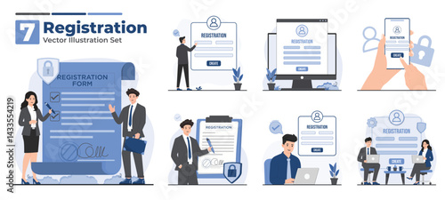 Illustration set of registration and login concept featuring users filling forms, creating accounts, and signing in securely