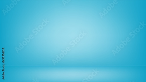 Light blue studio background with light spot in the center. Empty 3D room with monochrome wall and floor, color gradient. Vector horizontal banner back for product presentation, HD template.