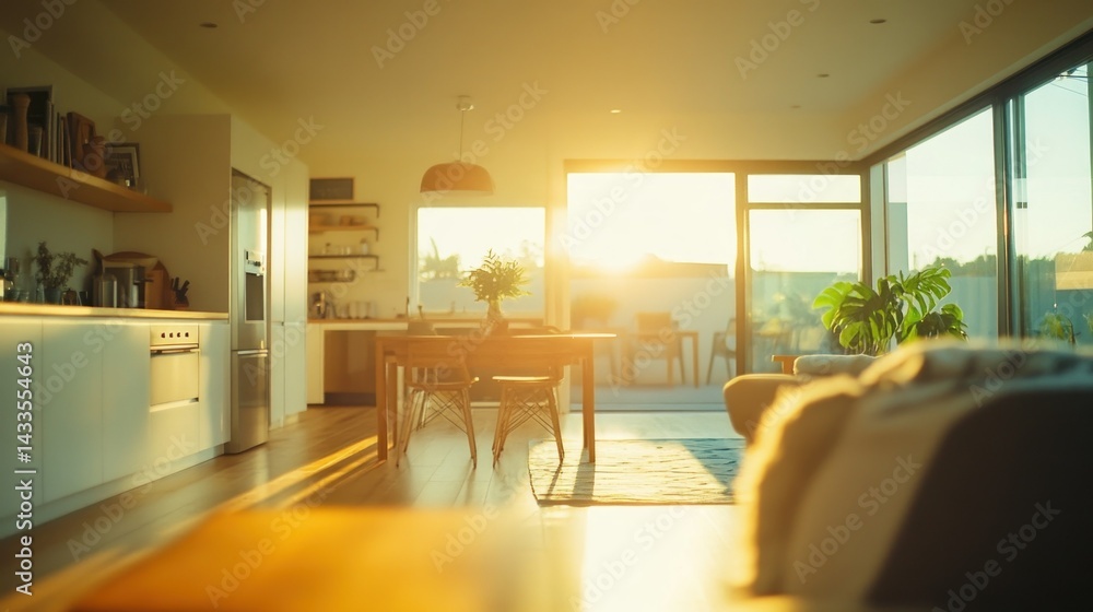 Fototapeta premium A modern kitchen and dining room bathed in warm sunlight