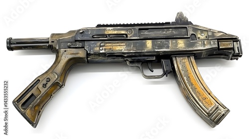 Weathered Submachine Gun with White Background.