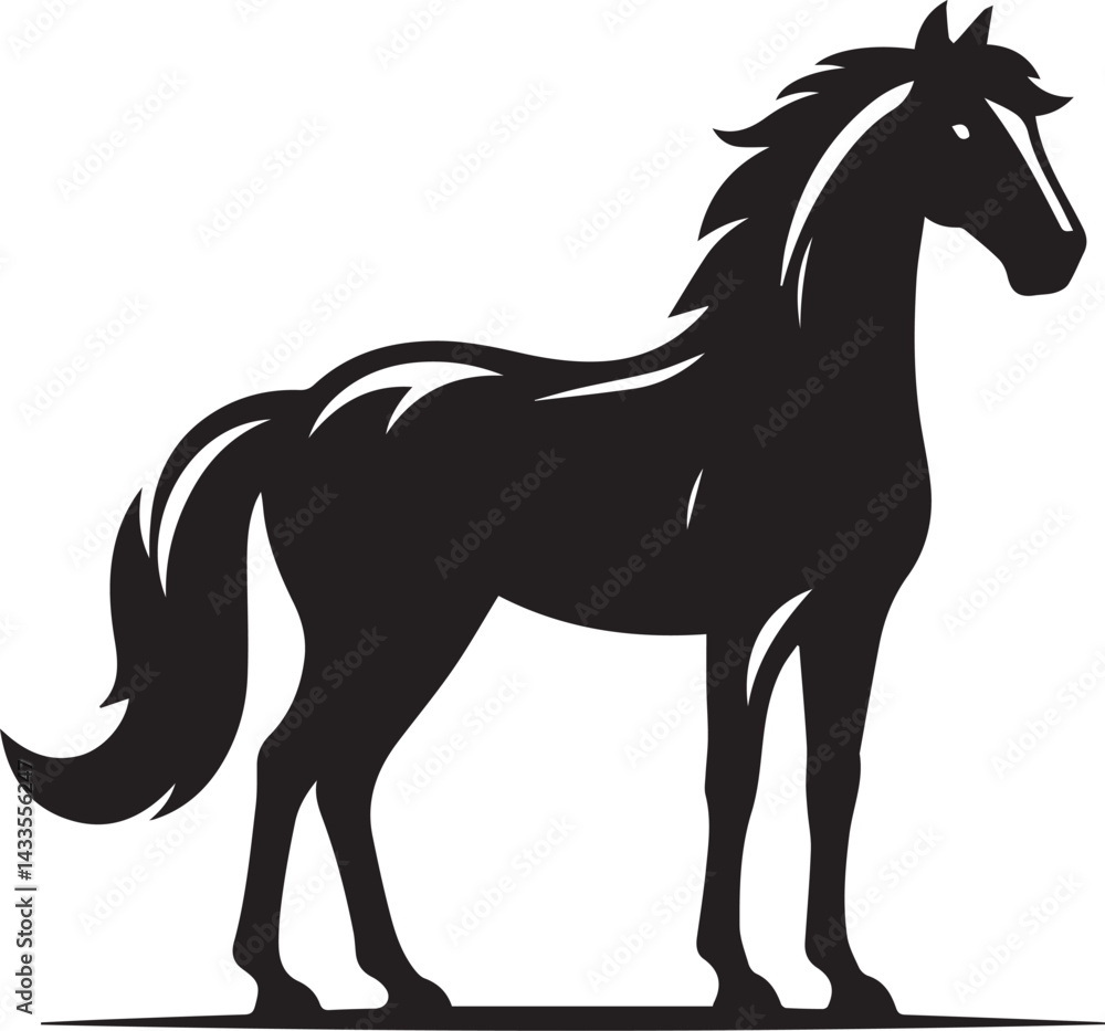 Obraz premium Standing Horse Silhouette Vector Set – Black and White Equine Illustrations for Logos, Prints & Designs