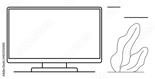 Computer monitor with a blank screen and sleek edges, accompanied by abstract plant decor. Ideal for technology, workspace, minimalism, modern lifestyle, web design, digital content, simple landing