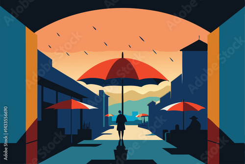 silhouette of umbrella on the beach
