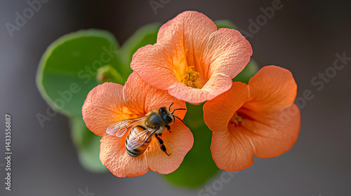 Bee On Three Orange Flowers Closeup