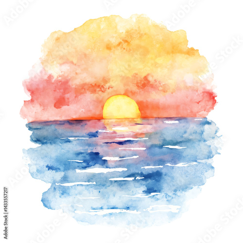 Sea with Sunrise Watercolor Painting of Ocean and Sky Isolated Hand Drawn Watercolor Illustration
