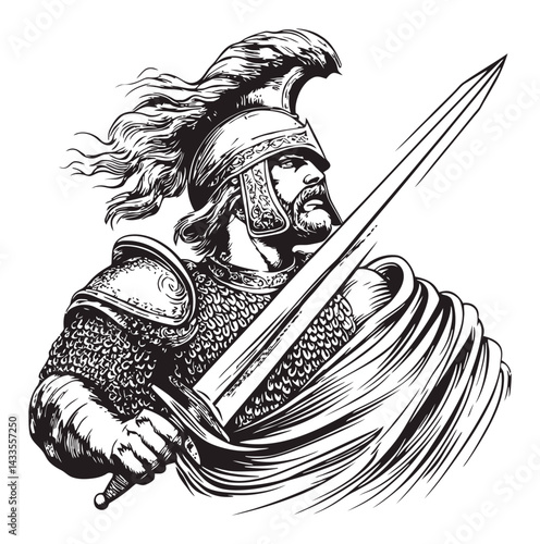 Dramatic Engraving of a Warrior with Sword and Flowing Hair