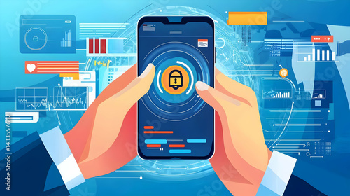 Business Hands Holding Smartphone With Digital Security Icon On Screen