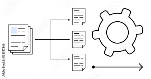 Documents flow into a process represented by a gear and arrow, symbolizing automation, organization, and efficiency. Ideal for workflow, data processing, optimization, teamwork, technology business