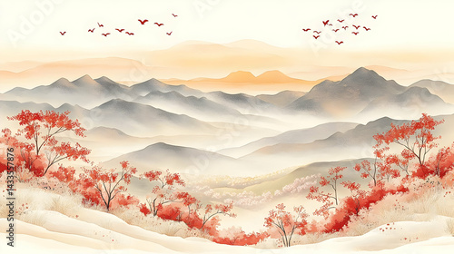 Misty Mountain Landscape At Dawn With Red Trees