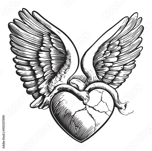 Intricate Engraving of Heart with Wings in Vintage Style Artwork