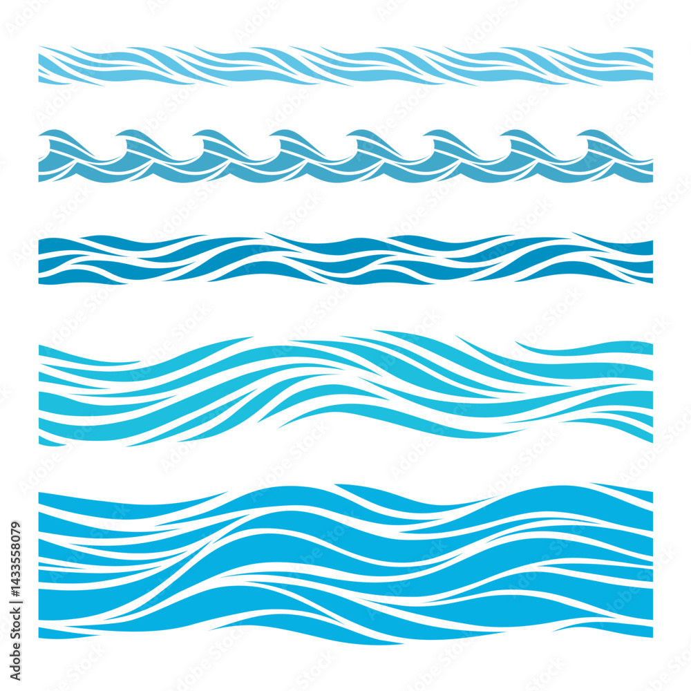 Fototapeta premium Blue seamless wave dividers set. Vector ocean lines and wave elements for decoration, banners and design projects with marine themes