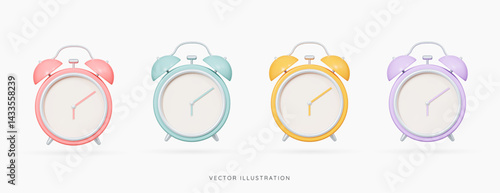 3D Alarm clock emoji icon set. Table clock in pink, mint green, yellow and purple colours. Wake up time. School and office supplies. Reminder concept. Cartoon design elements. 3D Vector illustration