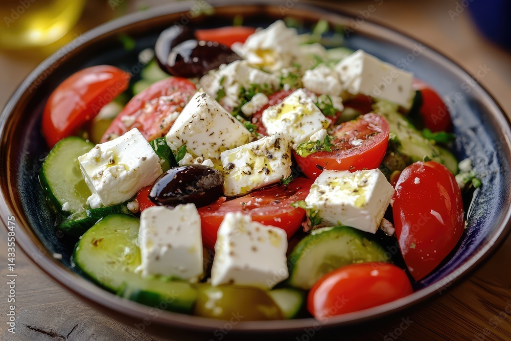 Greek salad with feta cheese. AI generated illustration. Greek salad with feta cheese. AI generated illustration.