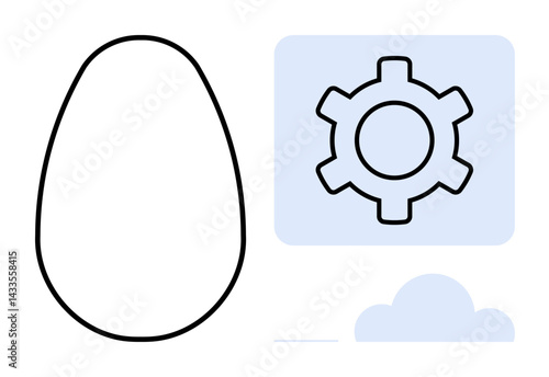 Bold egg outline paired with gear and cloud for themes of innovation, technology, nature, development, process, creativity, progress. Ideal for tech branding, innovation pitch minimal presentations