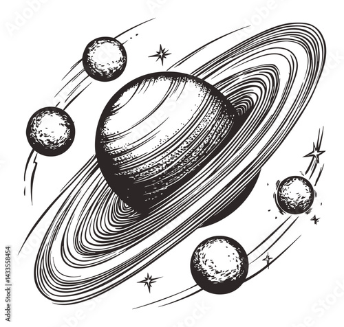 Detailed Engraving of Saturn with Orbiting Planets and Stars