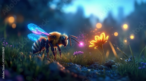 Wallpaper Mural Magical bee near glowing flower, nighttime scene. Torontodigital.ca
