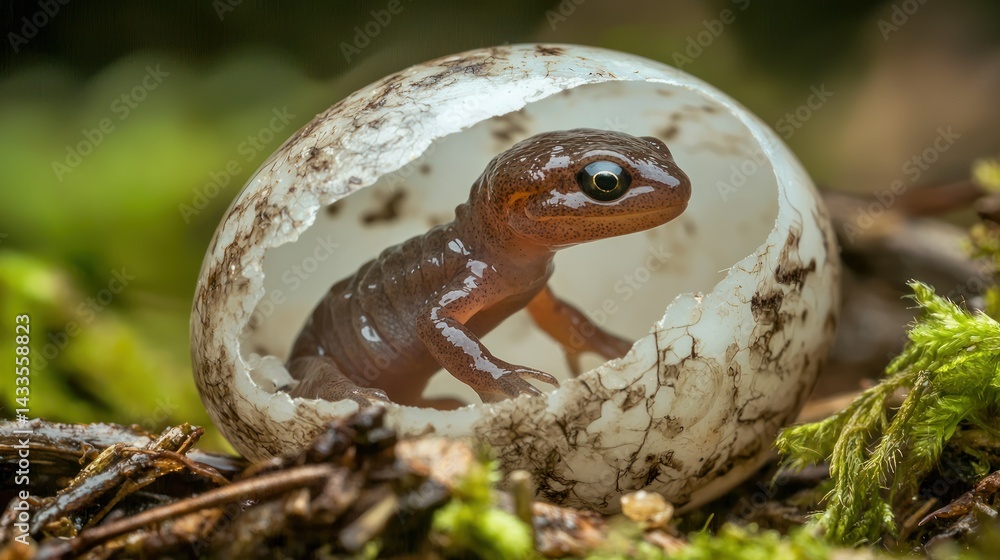 A salamander hatchling stretching out from a translucent egg