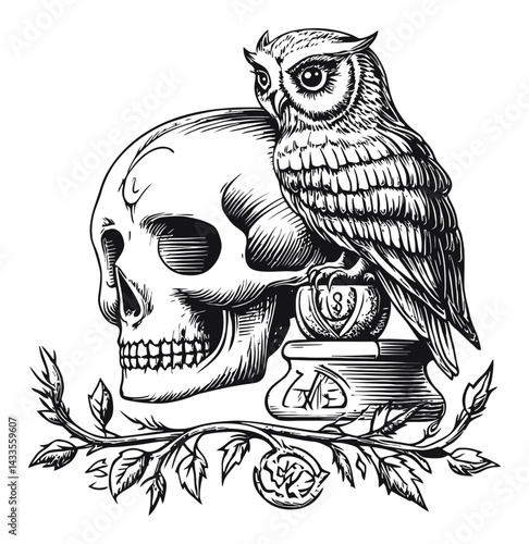Intricate Engraving of Skull and Owl with Floral Elements