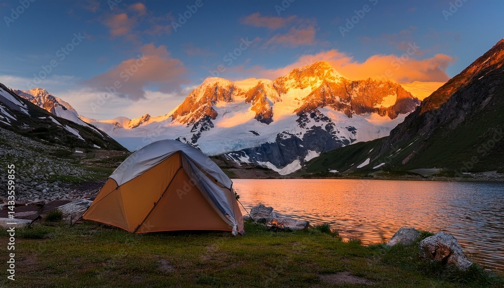 Obraz premium Majestic sunset over snow-capped mountain peak with a campsite by a lake.