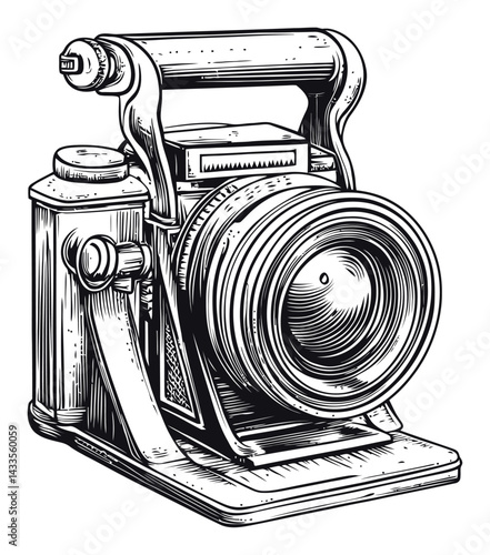 Vintage Engraving of Classic Camera with Detailed Illustration Design