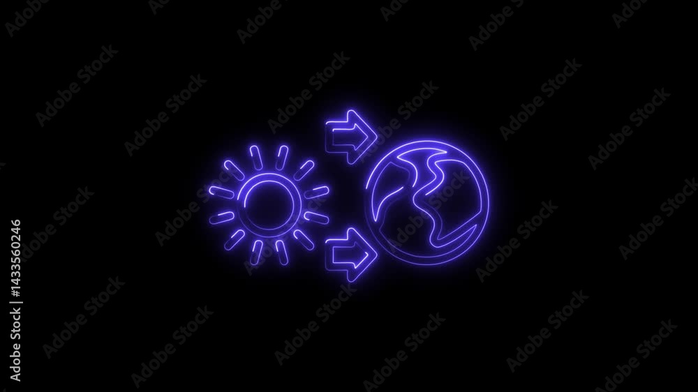 Neon solar radiation concept with earth and arrows symbolizing incoming and outgoing energy on a black background Neon solar radiation concept with earth and arrows symbolizing incoming and outgoing energy on a black background