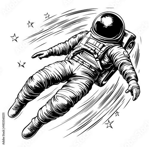 Vintage Engraving of an Astronaut Floating in Space with Stars