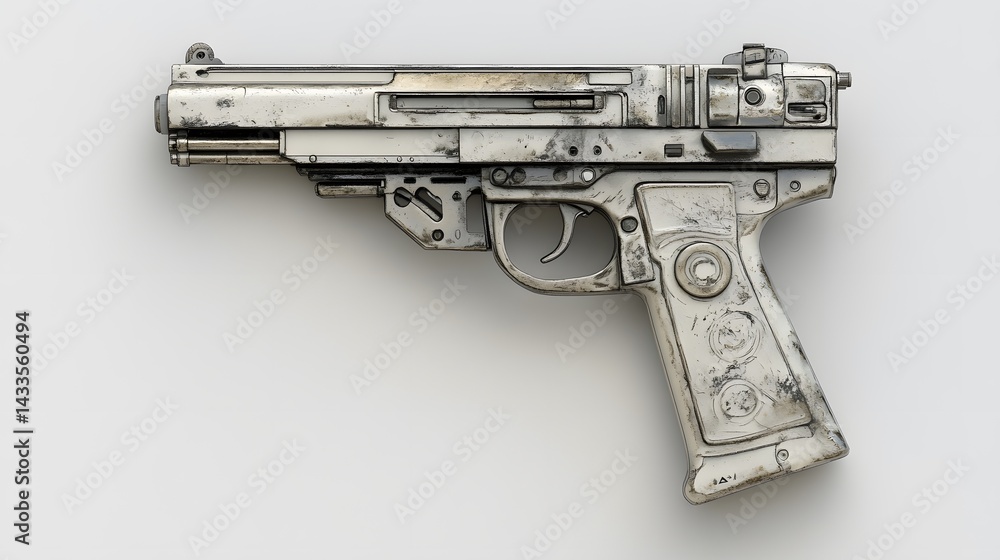 Weathered SciFi Pistol with White Background. (1)