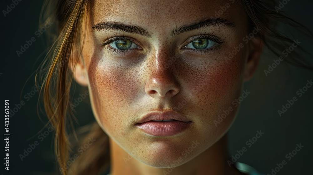 Fototapeta premium Young Caucasian woman gazes intently, her freckled face bathed in soft light showcasing her beauty.