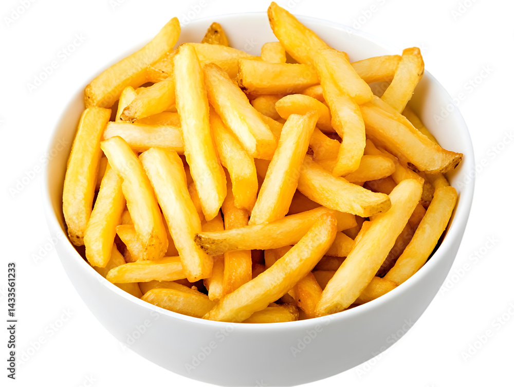 Isolated Photo of Golden French Fries in a White Bowl on Transparent Background Isolated Photo of Golden French Fries in a White Bowl on Transparent Background