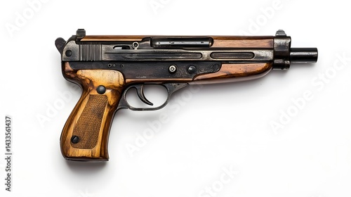 Vintage Pistol with Wood Grip, and White Background.