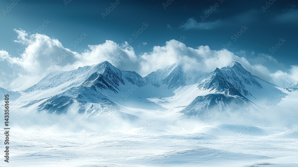 Majestic snow-capped mountains under a dramatic sky, with windswept snow covering the landscape. Majestic snow-capped mountains under a dramatic sky, with windswept snow covering the landscape.
