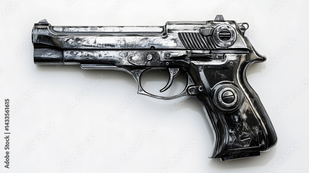 Silver handgun with white background.