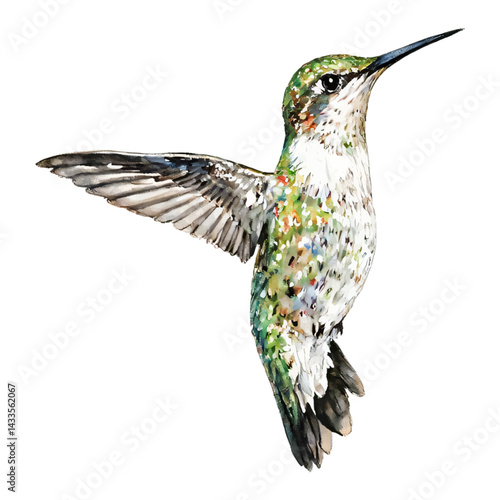 Full Body Hummingbird Watercolor Painting Illustration Flying Isolated Hand Drawn Watercolor Painting Illustration
