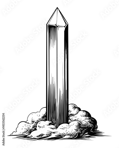 Engraving of a Tall Obelisk Rising from Fluffy Clouds in Illustration