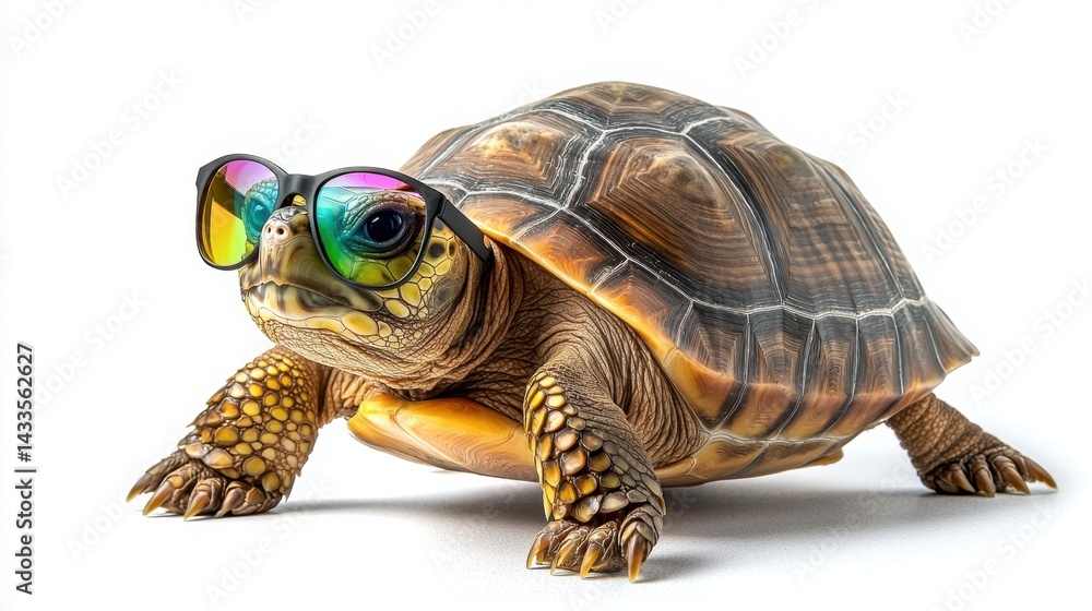 Obraz premium Playful turtle with a rainbow-colored shell and sunglasses, isolated on white