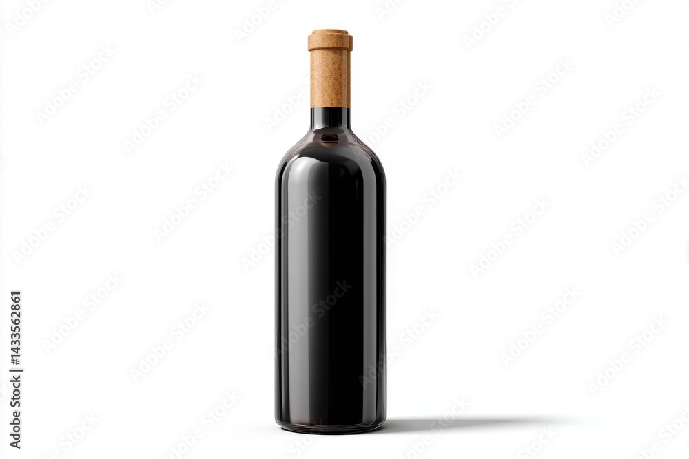 Elegant dark glass wine bottle mockup with cork cap on white background for luxury branding and marketing use Elegant dark glass wine bottle mockup with cork cap on white background for luxury branding and marketing use
