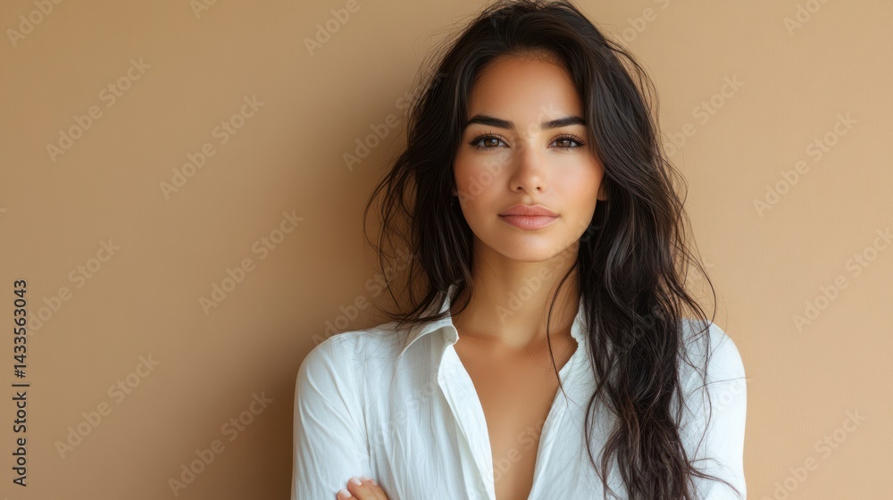 Fototapeta premium Hispanic woman crosses arms wearing white shirt, exudes confidence, showing professionalism, beauty, and inner calm.