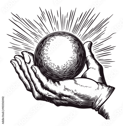 Hand Holding Glowing Sphere with Radiating Lines Engraving Design