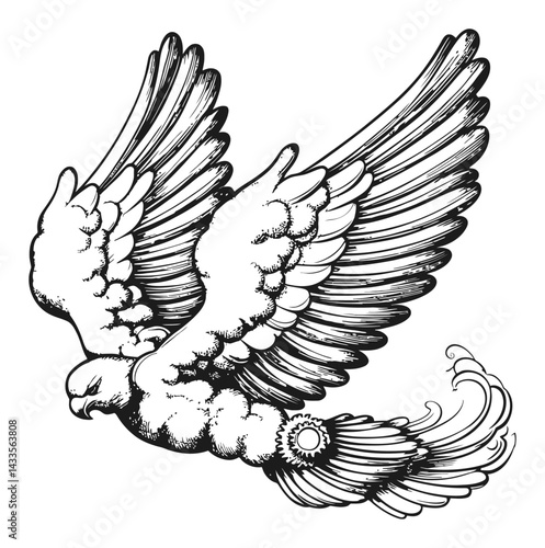Detailed Engraving of a Majestic Bird in Flight with Wings Spread